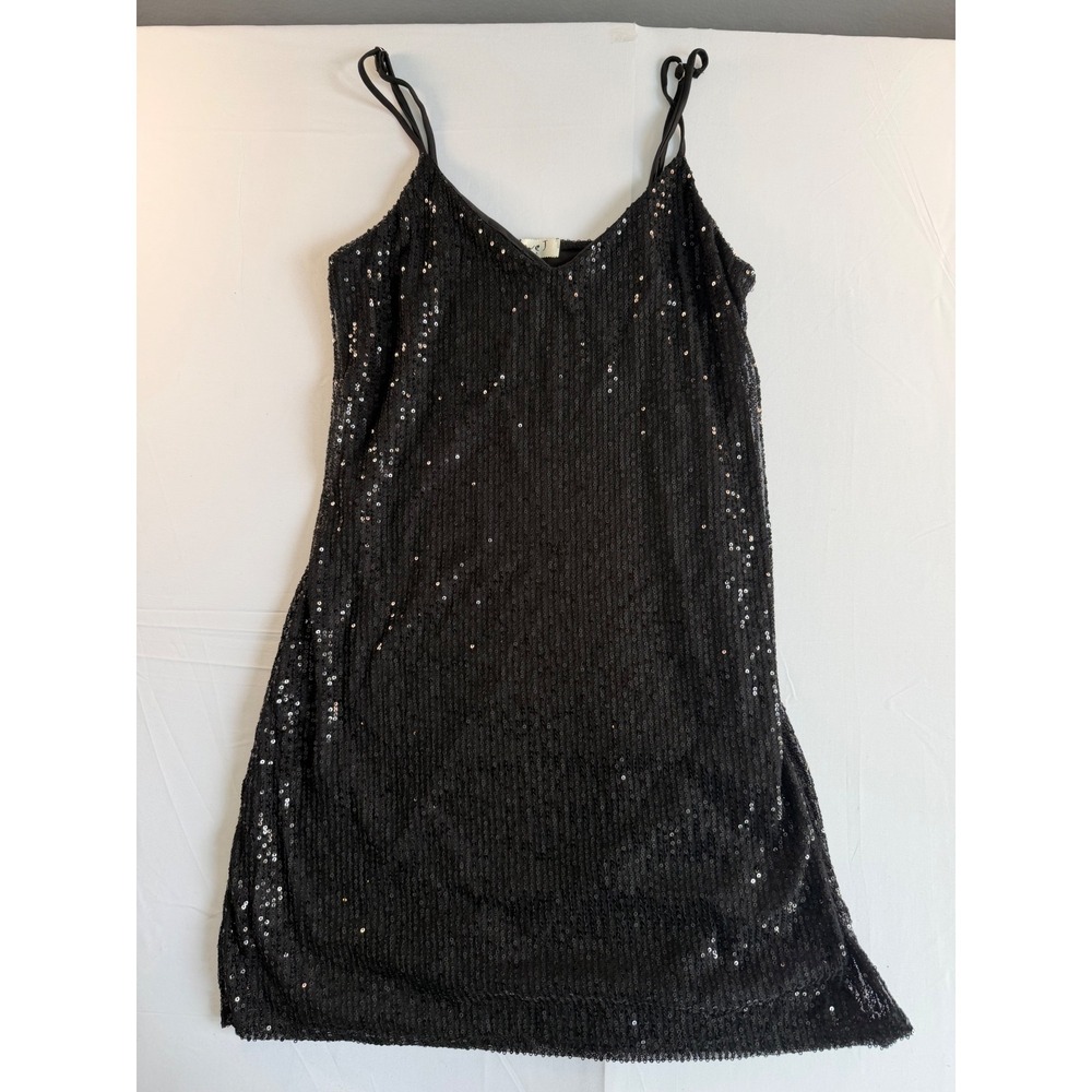 Love J Sequin Mini Dress Women Medium Black V-Neck Party Cocktail Festival Shiny